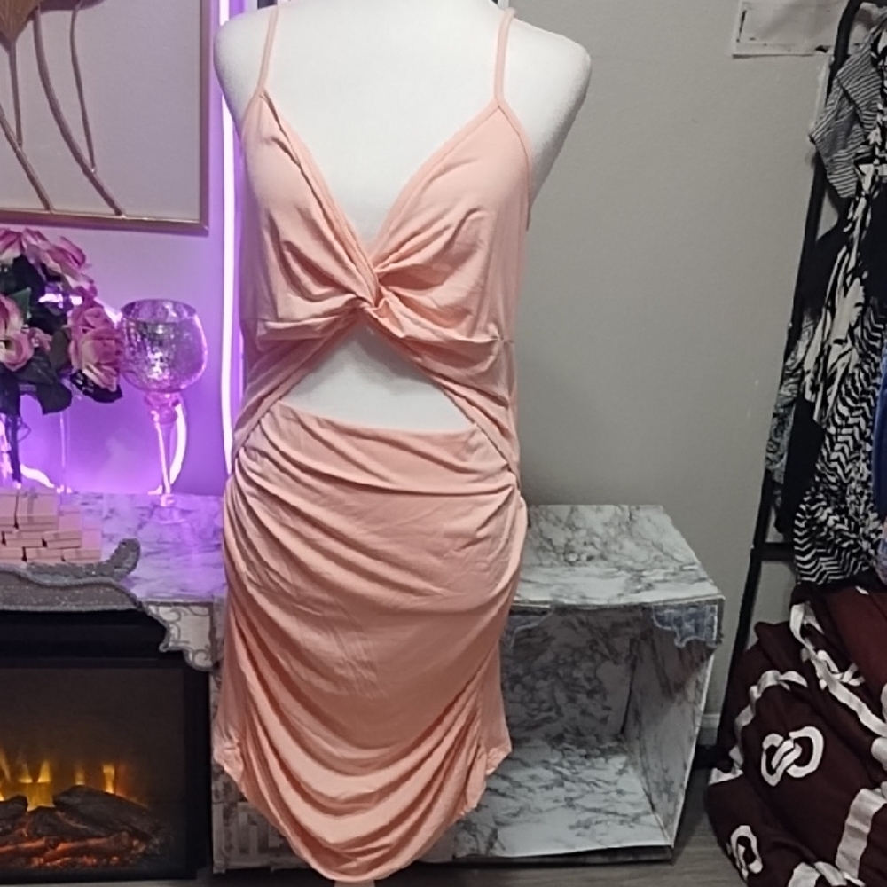 Light Peach Twist-Front Cutout Mini Dress